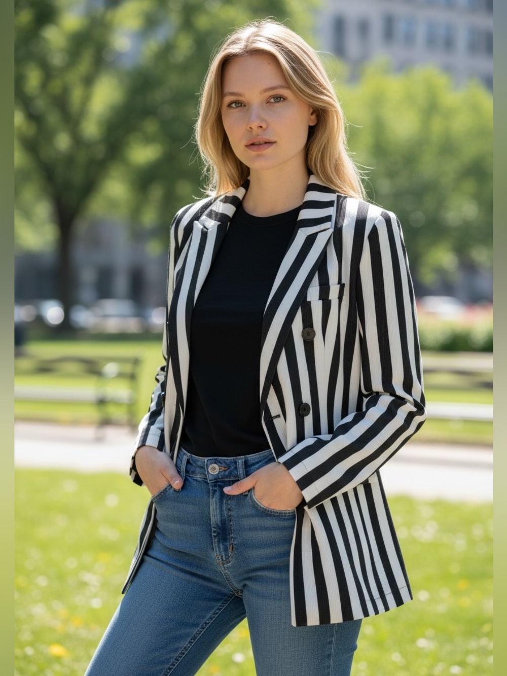 Elegant Black and White Striped Women's Blazer